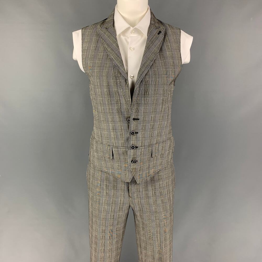 JOHN VARVATOS Size 36 Black White Glenplaid Wool Peak Lapel Vest Suit